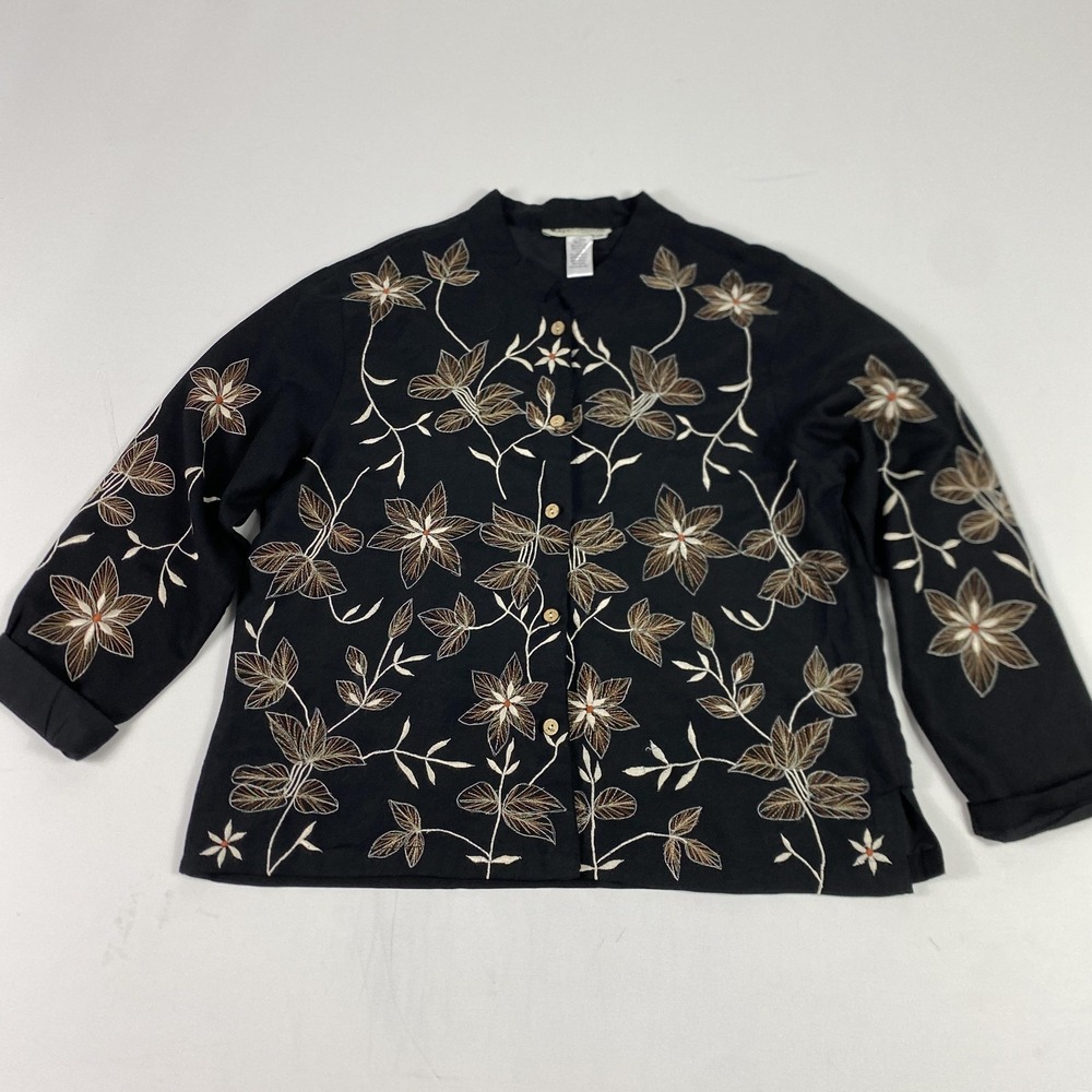 Appleseeds‎ Jacket Womens 18 Black Floral Embroidered Button Front Mandarin
